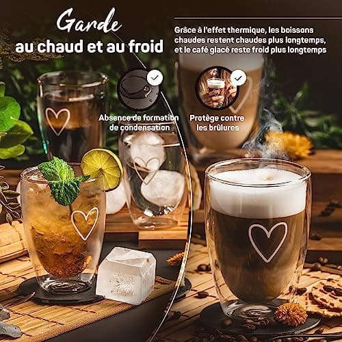 ElbFuchs® Tasses double paroi [4x 350ml] IDÉE CADEAU avec COEUR | Verre double paroi idéaux comme tasse cappuccino ou verre latte macchiato | Tasse à café original | Tasse transparente