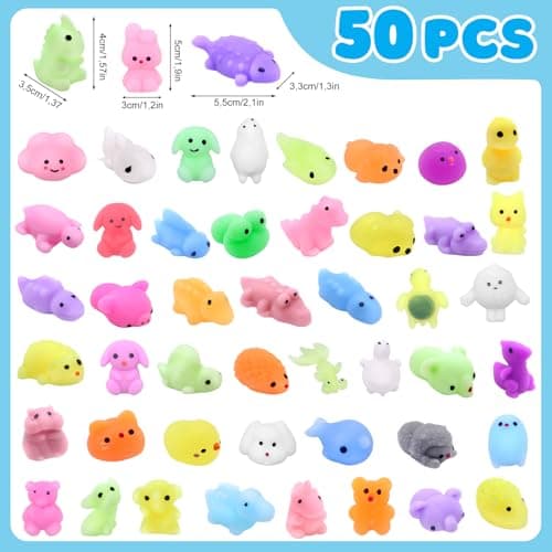 HOVIBU 50 Pièces Kawaii Mochi Squishy Toys, Mignon Mini Squishies Squeeze Animaux Jouets Anti Stress, pour Cadeau d'anniversaire, Fête d'enfant Cadeau de Noël Pâques