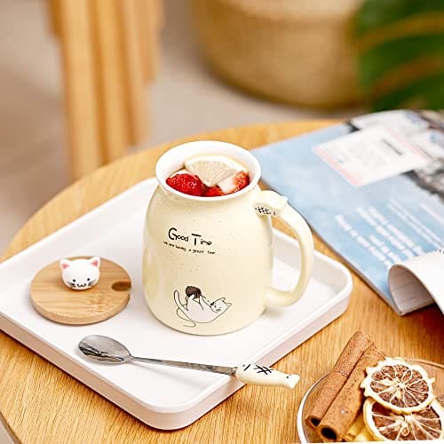 Chat Tasse Jolie tasse à café en céramique avec couvercle et cuillère en bois chat kawaii Nouveauté Morning Cup Tasses à thé au lait au café Tasses de chat pour les amoureux des chats Femmes (Jaune)