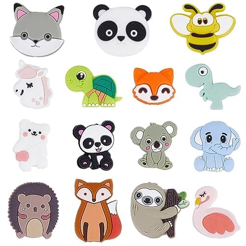 SUNNYCLUE 1boîte 15pcs Perles de Silicone Animal Mignon Perles Focales en Silicone en Vrac Grande Perle Licorne Miel Abeille Renard Panda Grosses Perles Flamant Rose Ours Perles en Caoutchouc