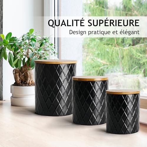 MIAMIO - Set de 3 boîtes de conserve pour le comptoir de cuisine, boîte de conserve en céramique avec couvercle en bois hermétique - parfait pour le café, le thé, le sucre, la farine, le thé (Noir)