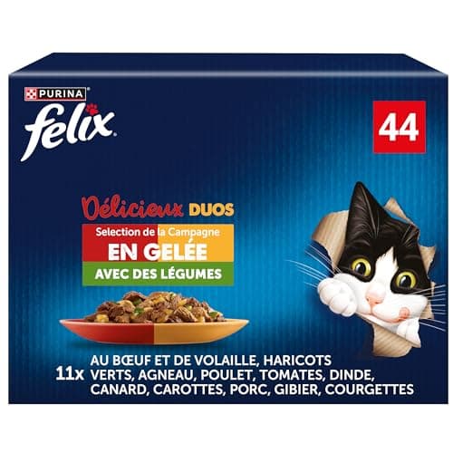 FELIX | Délicieux Duos | en Gelée | Chat Adulte | Sélection de la Campagne aux Légumes | Sachets Fraîcheurs | 44x85g