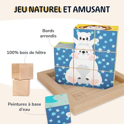 Merle Toys® Puzzle Enfant 2 Ans, Puzzle en Bois Enfant 3 Ans, Jeux Montessori Éducatif, Puzzle Cube en Bois, Jouet Enfant 2 Ans, 6 Motifs d’Animaux Sauvages pour Stimuler Curiosité et Apprentissage