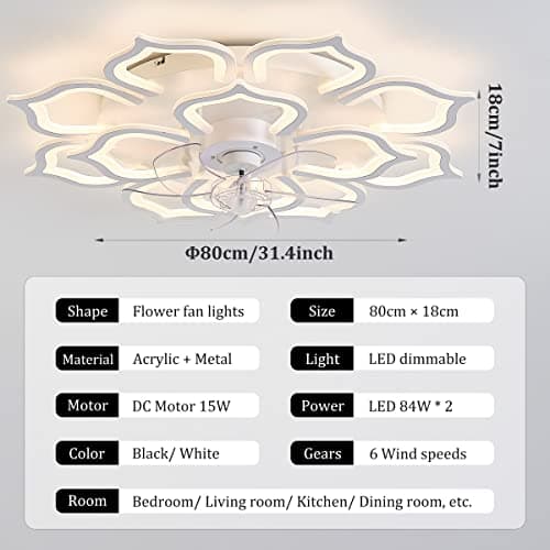 Grand Ventilateur De Salon Floral Avec Lumière, Ventilateur De Plafond Design À 6 Vitesses LED Dimmable, Moteur DC Réversible, Modes Hiver Et Été, Plafonnier Avec Ventilateur Et Minuterie-White||80CM