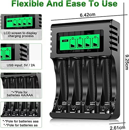 POWEROWL 4 Slots Chargeur Piles Rechargeable Charge Rapide pour AA AAA Rechargeable avec Port USB