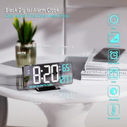 KOSUMOSU Réveil Numérique 17cm Noir Chambre Double Alarme Date Seconde Jour de la Semaine 12/24 Heures Variation Température Horloge Ordinateur Horloge LED