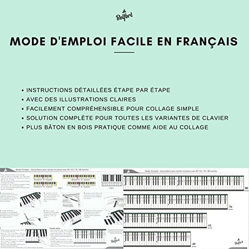 Belfort®️ Autocollants pour notes de piano + clavier pour 49 | 61 | 76 | 88 touches + Ebook gratuit | kit complet premium pour touches noires + blanches | do-ré-mi-fa-sol-la-si | instructions français
