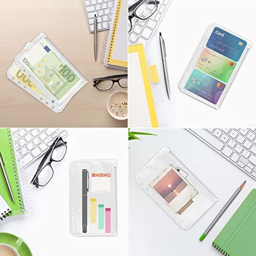Relota 20 Pièces Pochettes Classeur, 6 Trous Pochette Plastique A6, Transparente Imperméable Dossiers à Glissière, Enveloppe Budget, Sacs Zippés à Feuilles Mobiles pour Documents, Cahiers, Cartes