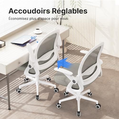 naspaluro Chaise de Bureau avec Accoudoir Relevable, Fauteuil de Bureau avec Soutien Lombaire, Siège Bureau avec Dossier Moyen de 45 cm, Hauteur d'Assise de 43 à 53 cm pour Maison/Bureau, Gris