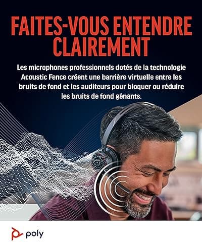 Micro-casque sans fil Poly Voyager Focus 2 UC avec microphone et socle de chargement - Annulation active du bruit (ANC), Connexion à un PC/Téléphone portable via Bluetooth, avec Teams (certifié), Zoom