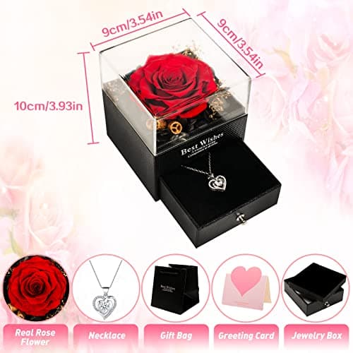 Daover Rose Eternelle avec Collier, Vraie Rose Préservée avec Collier en Forme Coeur, Collier Femme boîte de Roses, Idee Cadeau Femme Original Utile pour Anniversaire Maman, Noel, Saint Valentin