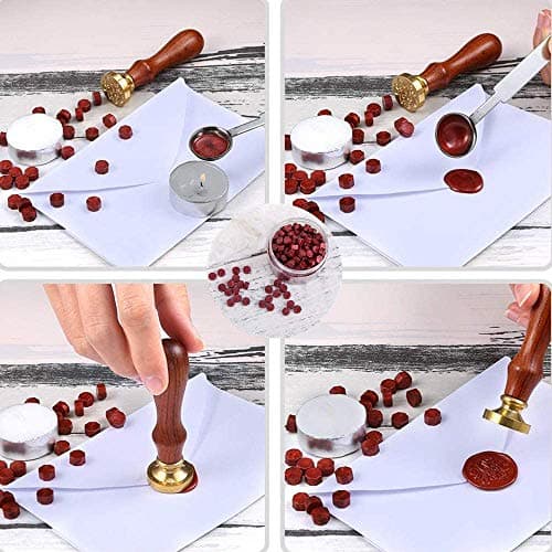 Kit de Cire pour Xceau,240 PCS Perles de Cire à Cacheter PCS+2 Bougie de Thé Blanc+1 Cachetage d'octogone de Cuillère Sceau Cire pour Cachet de Cachet de Cire Rouge