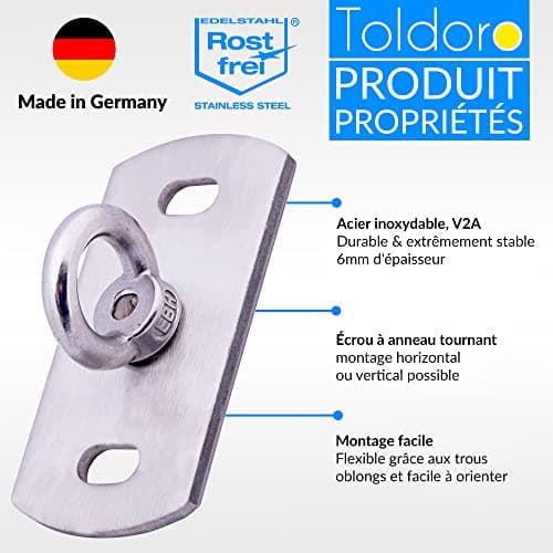 Toldoro® Fixation Plafond en Acier Inoxydable avec Chevilles & vis/Crochet Mural a Visser jusqu'à 400 kg/Crochet Plafond pour Fauteuil Suspendu, Voile Solaire, balancoire d'amour, Sac de Frappe