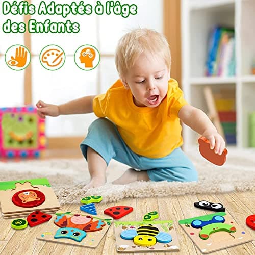 lenbest Puzzle Bois Enfant - 6PCS Jouet Montessori Puzzles - Jouet Enfant Puzzle 1 Jeu 2 3 an Ans - Jeux Educatif Animaux Puzzle à Encastrement - Cadeau Enfant Bebe Fille Garçon 1 Jeu 2 3 an Ans