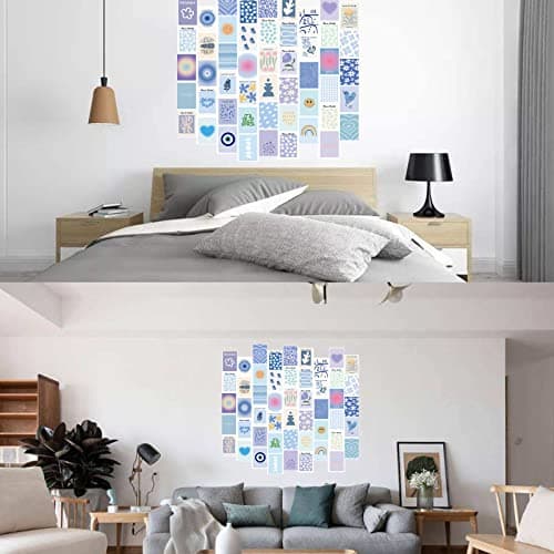 HsentimenH 50 Pièces Images Esthétiques de Collage Mural, Kit de Collage Mural Aesthetic Bleu, Impression de Collage de Carte, Décoration de Chambre pour Filles Chambre, Dortoir, Affichage de Photos