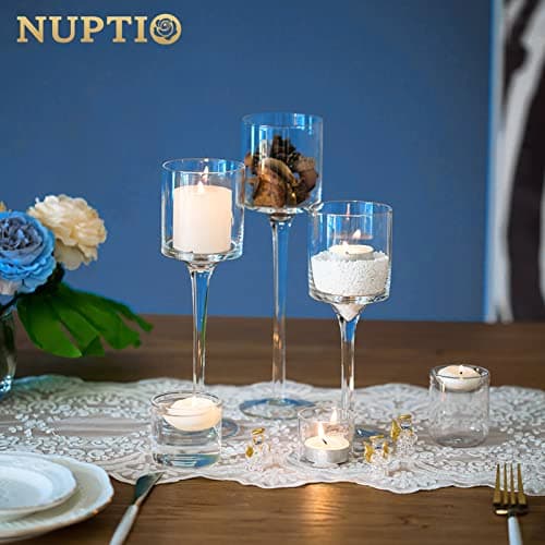 NUPTIO 1 Ensemble Bougeoirs Verre pour Bougie Pilier et Bougies Flottantes, Bougeoir Photophore en Verre Bougeoirs Table Clairs pour Pièce Maîtresse Fête Mariage Noël Halloween Décor À la Maison