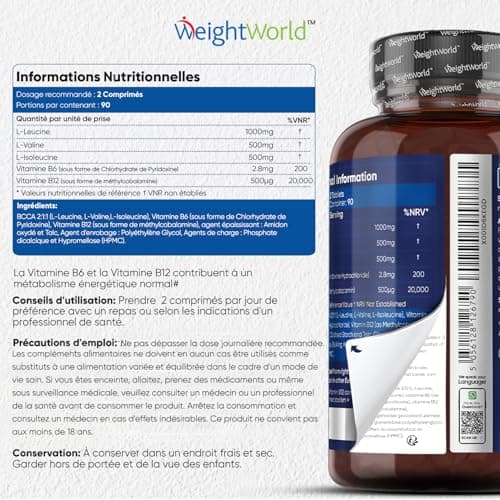 BCAA 2000 mg Protéines Musculation Pre Workout & Post Workout 2:1:1-180 Comprimés Vegan - Acides Aminés, L-Leucine, L-Isoleucine, L-Valine + Vitamine B6 & B12 - Énergie, Metabolisme - Pour Sportifs