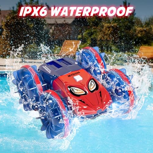 MYDOVA Voiture Telecommandé Enfant Tout Terrain Amphibie, 2.4 GHz Proportionnelle 20+ KM/H Hobby Offroad Monster RC Truck, 360°& 180°Rotation étanche