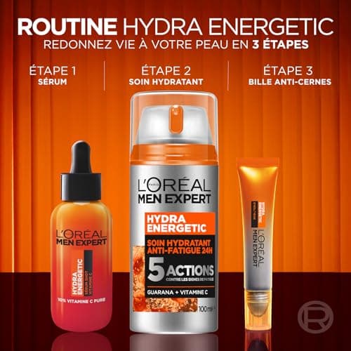 L'Oréal Men Expert - Soin Hydratant Anti-Fatigue 24H XXL pour Homme - Hydrate & Illumine - Concentré en Vitamine C Pure 10% - Usage Quotidien - Hydra Energetic - 100 ml