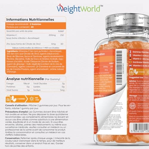 Vitamine C Gummies Avec Zinc - 120 Gummies Vegan (2Mois) Adultes & Enfants (Dès 5ans) - Arôme Naturel d'Orange - 200mg Vit C Acide Ascorbique et 6mg Zinc - Gummies Énergie & Immunité Adulte/Enfant