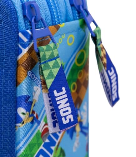 Clondo Trousse Triple Remplie Enfants, pour Sonic Fans, 45 Accessoires Scolaires Garçon, 3 Fermetures Éclair, Compartiments Organisés, Crayons de Couleur, Feutres, Colle, Ciseaux