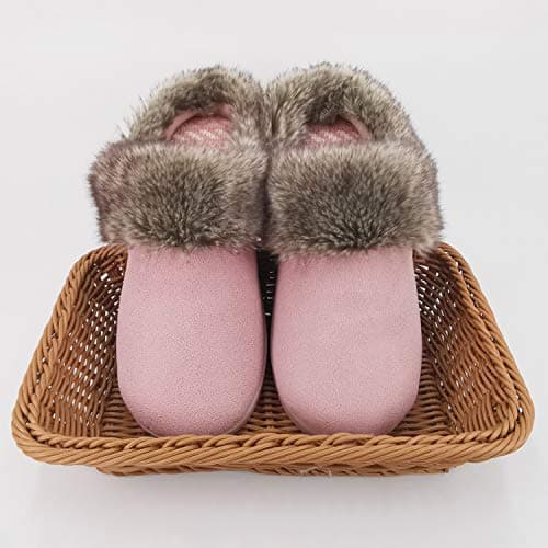 ofoot Pantoufles Femmes Hiver Chaud Mocassin Daim Fourrure, Chaussures de Maison Doublure Tricot Doux, Semelle en Caoutchouc Antidérapante