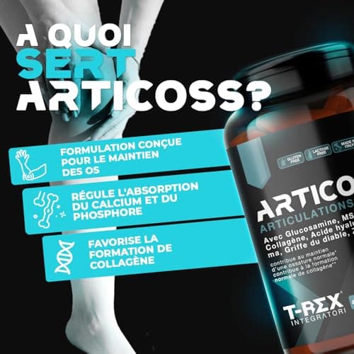 ARTICOSS, Glucosamine, Chondroïtine, MSM, Harpagophytum Supplément pour Articulations, Os es Cartilage avec Vitamine C et Vitamine D, Collagène et Acide Hyaluronique. 60 comprimés