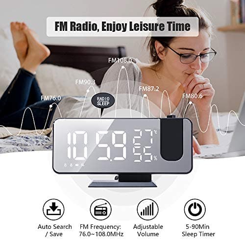 Ailgely Réveil Projecteur Plafond sur Secteur,Radio Réveil Projection Plafond,180° Radio Réveil Horloge Digitale Moniteur D'humidité de la Température pour Chambre Chambre d'enfant