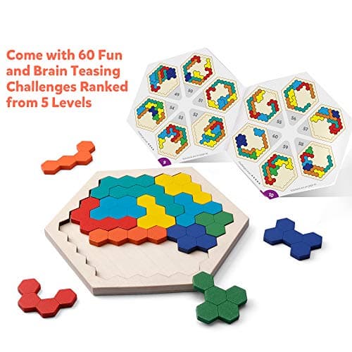 Coogam en Bois Hexagone Puzzle - Forme Bloc Tangram Casse-tête Jouet Géométrie Logique IQ Jeu STEM Montessori Cadeau Éducatif pour Tous Les Ages Défi