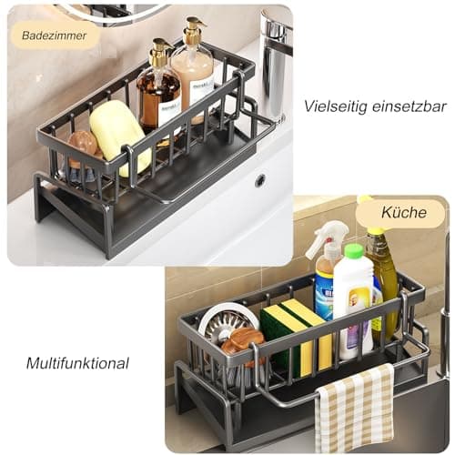 ViWaVee Rangement et Organisation de Cuisine, Organisateur d'évier en Acier Inoxydable avec bac d'écoulement Automatique pour Porte Eponge, Porte Serviettes, Super Accessoires pour Salle-Noir.