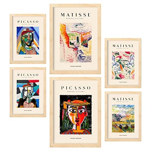 Nacnic Lot de 6 affiches Picasso et Matisse. Le siècle dernier. Estampes de fauvisme et de surréalisme pour l'aménagement intérieur et la décoration. A3 & A4, cadres en bois.