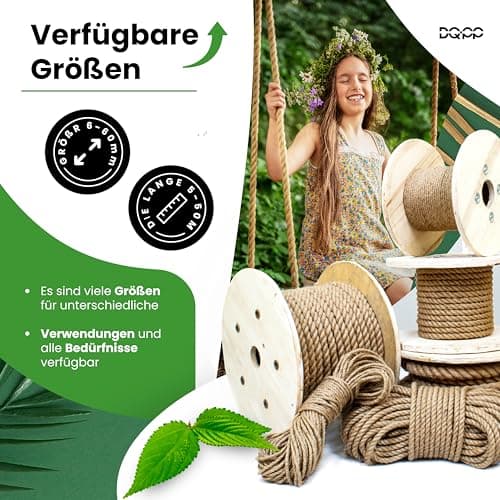 DQ-PP Corde en Jute | 5m | 46mm d'épaisseur | Naturel Fil de Jute | Ficelle de Jute | Naturelle Deco Cordelette Balancoire Jardin