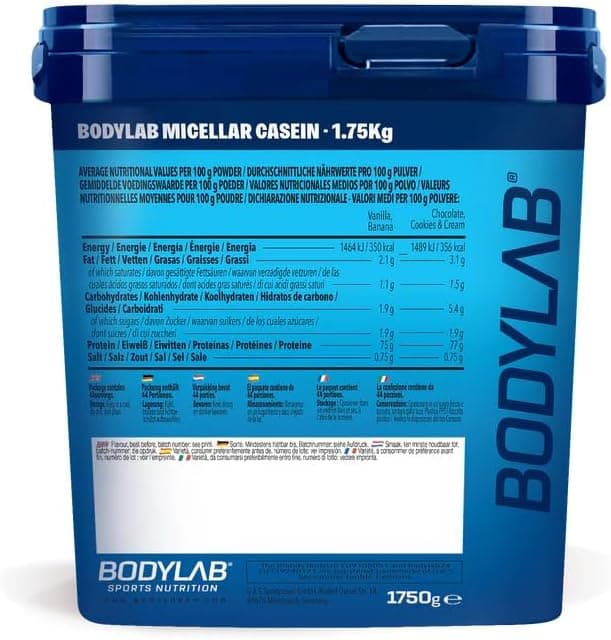 Bodylab24 Casein Micellar Banane 1750g, 100% caséine pure, riche en acides aminés BCAA, longue sensation de satiété, favorise la construction musculaire, idéal pendant un régime protéiné