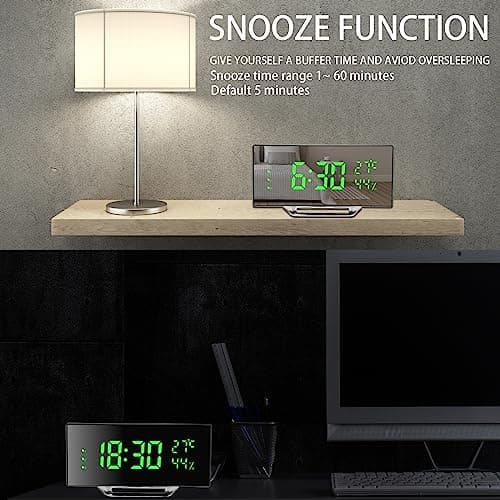 Derkiewn Réveil numérique, Grand écran LED de 6,5 Pouces, réveil de Chevet avec température et humidité, Horloge Miroir avec 3 réveils, luminosité réglable, Sieste, Alimentato USB (Vert)