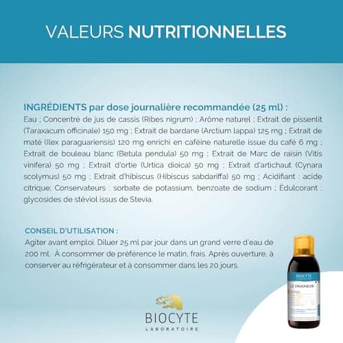 BIOCYTE Le Draineur 500 ml - Drainage et Elimination, Favorise la Purification - Maté, Pissenlit, Bardane, Cassis, Ortie, Artichaut, Hibiscus - Végétalien - Programme de 20 jours - Fabriqué en France