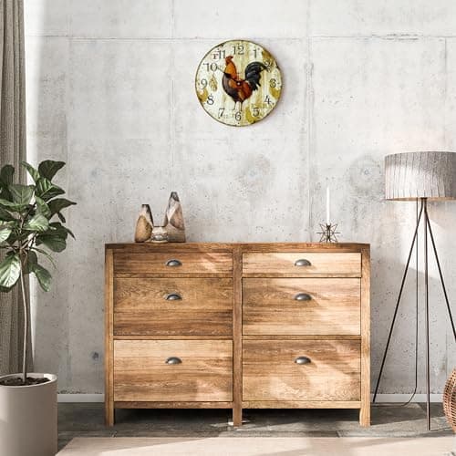 Lafocuse 30cm Horloge Murale Coq Vintage Bois, Silencieuse Pendule Murale Retro, Shabby Chic Rond Déco sans Tic-tac pour Salon Chambre Cuisine Bureau