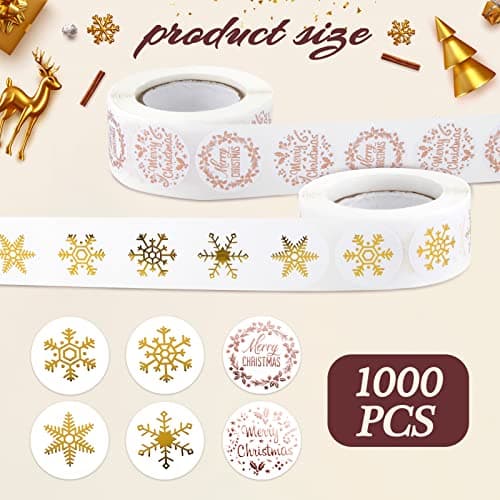 1000PCS Étiquettes Autocollantes Noël Rouleau Sticker Flocon de Neige Merry Christmas Bricolage Décoration Noël Maison Enveloppe Cadeau Cartes de Vœux Scrapbooking Motif pour Noël (Rose et Or)