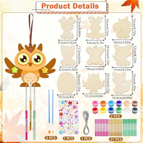 PIWOSGOL Kits Bricolage Animal Enfants, 9 Pcs Animal Carillon à Vent en Bois, Loisirs Créatifs pour Filles, DIY Animal Artisanat pour Activité Manuelles Enfants Cadeau Anniversaire 3-12 Ans