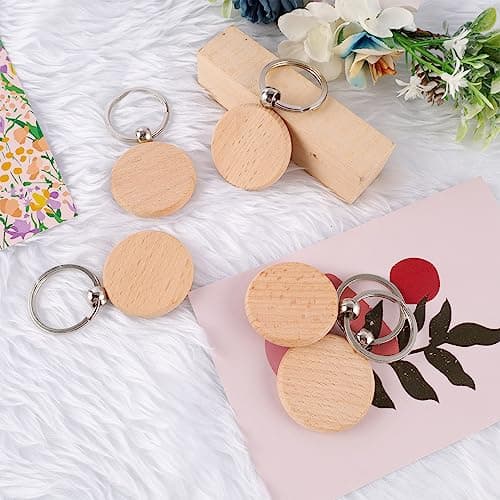 Bubuny 24 PCS Porte-Clés en Bois Vierges, Porte Clés Bois Brut avec Anneaux, Porte-clés Ronds Naturel Personnalisé pour la peinture, l'artisanat, DIY Gravure Pyrogravure Porte-Clés en Bois