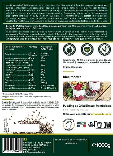 Graines de Chia Bio 1KG | Sources de Protéines, Oméga 3, Fibres | Salvia Hispanica | Qualité Supérieure