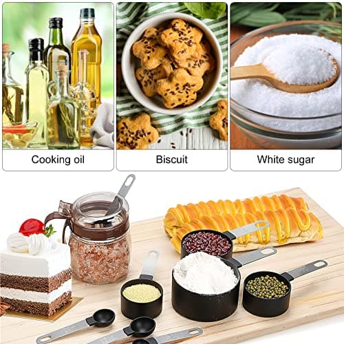 Measuring Cups, HENGBIRD Ensembles de cuillères doseuses, Lot de 8 Ensemble cuillère à mesurer et Tasse à mesurer avec poignées en acier inoxydable pour liquides et solides (Noir)