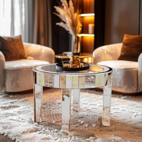 Artloge Table Basse Salon Ronde: Table Basse Argenté en Verre avec Diamants Table d'Appoint Moderne Design en Miroir pour Chambre Café Bureau - 60×60×50CM