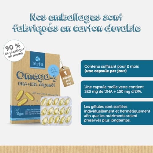 Omega 3 Vegan - Huile d'Algue haute concentration - 325mg DHA + 150mg EPA par capsule - Bénéfique pour le Cœur, le Cerveau et les Yeux - 100% Végétal - 60 capsules (2 Mois)