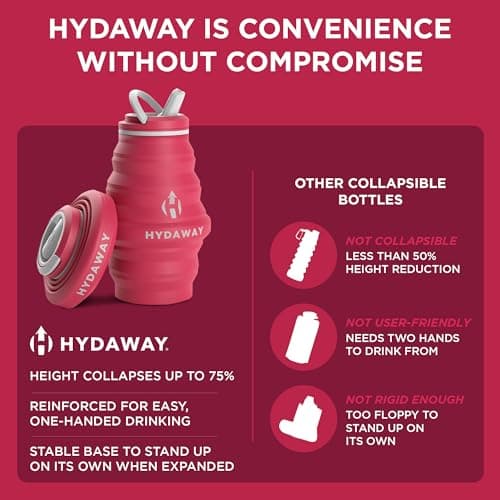 HYDAWAY Bouteille d'eau pliable – 500 ml – Bouteille d'eau réutilisable avec couvercle à rabat pour voyage, randonnée, voyage – Portable et étanche, silicone de qualité alimentaire, sans BPA, se