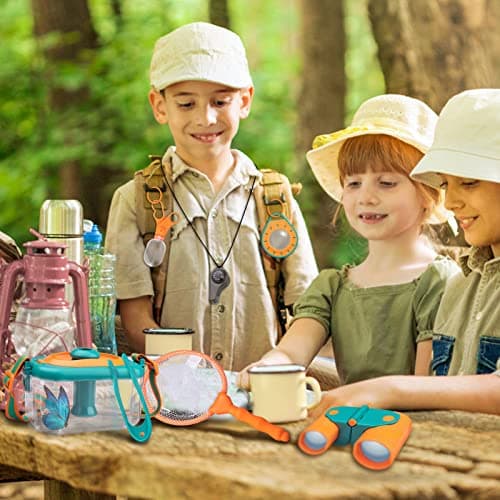 Achiyway Jouets Explorateur Extérieur Enfant Kit, Loupe Jumelle Boussole Papillon Filet Pince à épiler Attrape-Insectes Sac De Rangement, Cadeaux Randonnée Camping Nature éducatifs pour Enfants