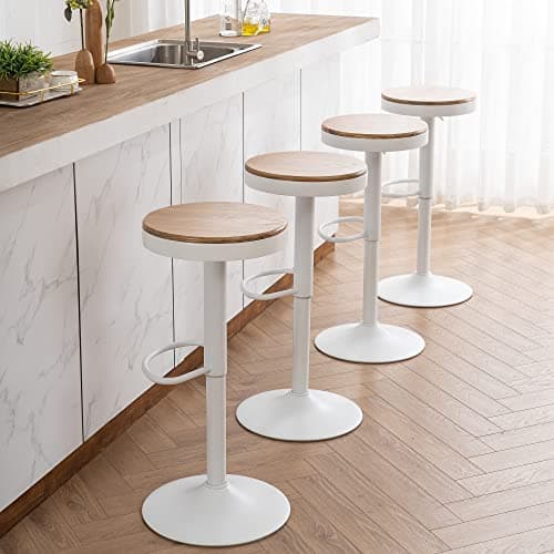 Kidol & Shellder Lot de 2 Tabourets de Bar Blanc, Bois Massif, Tabourets de Comptoir à Hauteur Réglable pour Comptoir de Cuisine, Bois Massif-Métal, Vintage Industriel Moderne