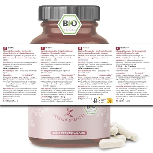 Gélules d'ashwagandha bio 150 pièces | poudre d'ashwagandha finement moulue sous forme de gélules | qualité biologique certifiée | rôle important dans l'ayurvéda indien | vom Achterhof