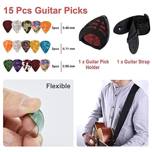 Kit Accessoire Guitare,TTCR-II 78 Pièces avec Support Guitare,Capodastre Guitare,15 Mediator Guitare,3 set Cordes Guitare Acoustique,Accordeur de Guitare,Enrouleur de Cordes,Sangle de Guitare etc....