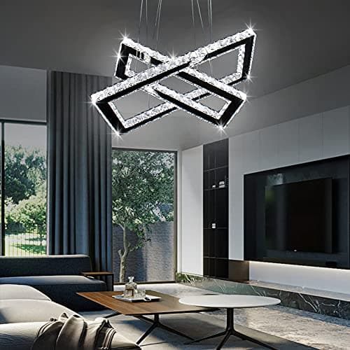 Lustre moderne en cristal rectangulaire à 2 anneaux en acier inoxydable pour salle à manger, salon, chambre à coucher (blanc froid)