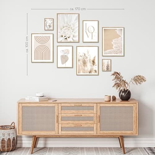 ARTFAVES® Ensemble d'affiches decoration murale - DOUCEUR BEIGE - 8 poster moderne - Salon et chambre Formes abstraites, herbe de pampa, fleur, beige, mer - sans cadre